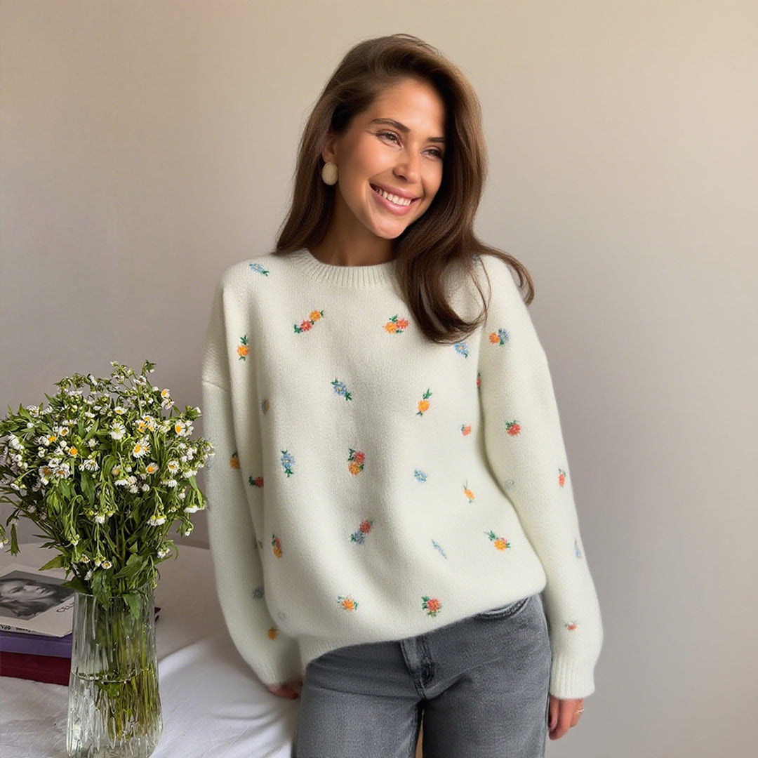 Damen Verspielter Pullover mit floralen Stickereien EB