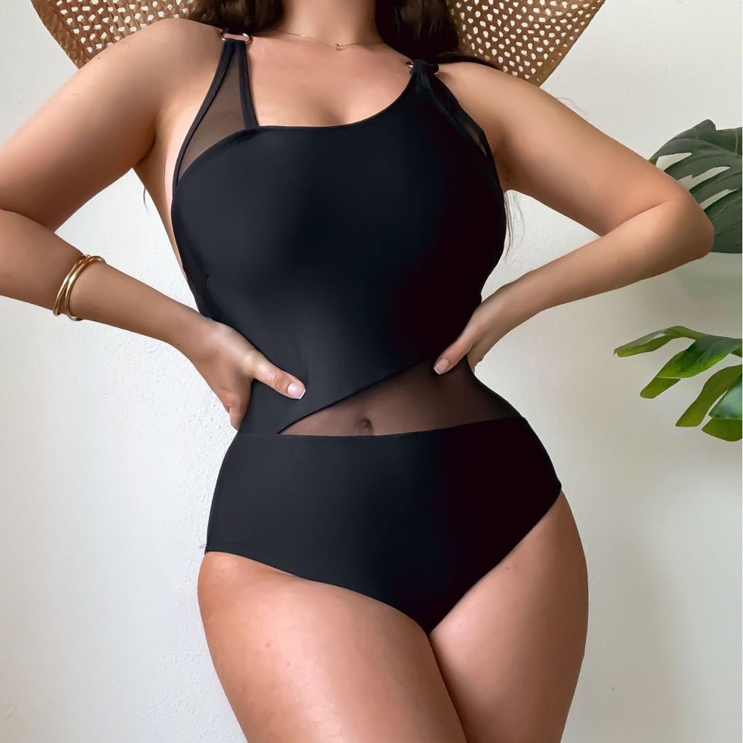 Damen Einteiliger Badeanzug mit transparenten Einsätzen und asymmetrischem Design EB