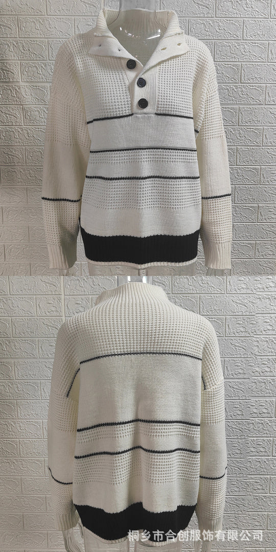 Damen modischer Strickpullover mit strukturiertem Kragen und Knopfdetails EB