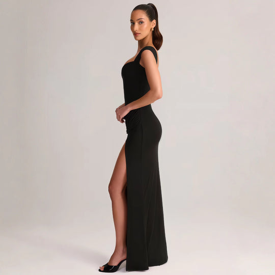 Damen Elegantes Maxikleid mit tiefem V-Ausschnitt und seitlichem Schlitz EB