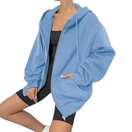 Damen nan oversized Zip-Kapuzenjacke mit kontrastierendem Reißverschluss, doppellagiger Kapuze und Kängurutasche EB