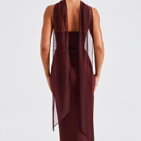 Damen Strapless Maxi-Kleid mit transparenten Ärmelakzenten und figurbetontem Schnitt EB