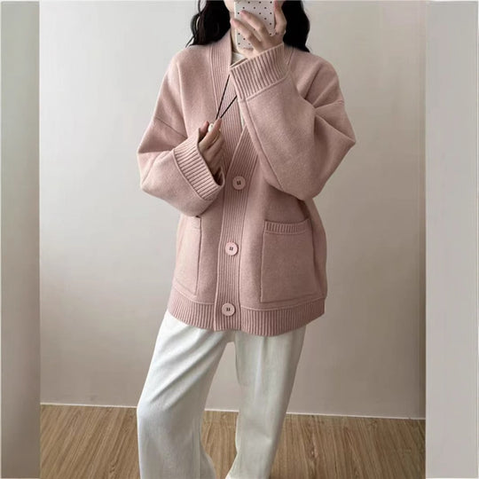 Damen Großer Strickcardigan mit tiefem V-Ausschnitt und praktischen Taschen EB