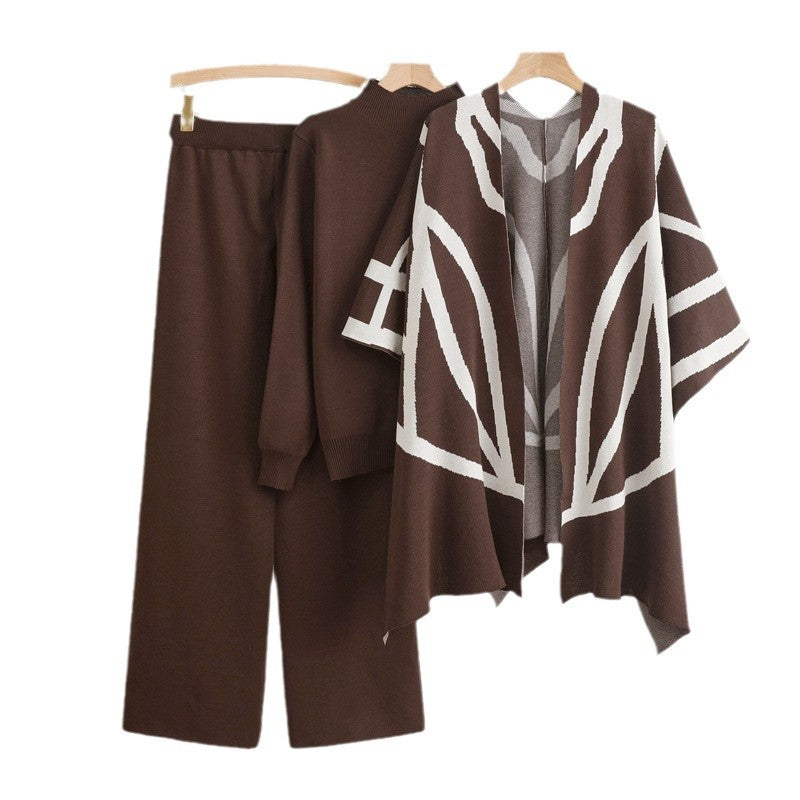 Damen trendiges Strick-Loungewear-Set mit grafischem Poncho-Design EB