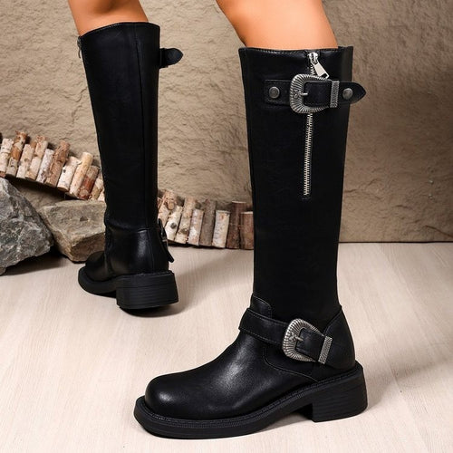 Damen Lange Stiefel mit modischem Gürtel und robustem Profil EB