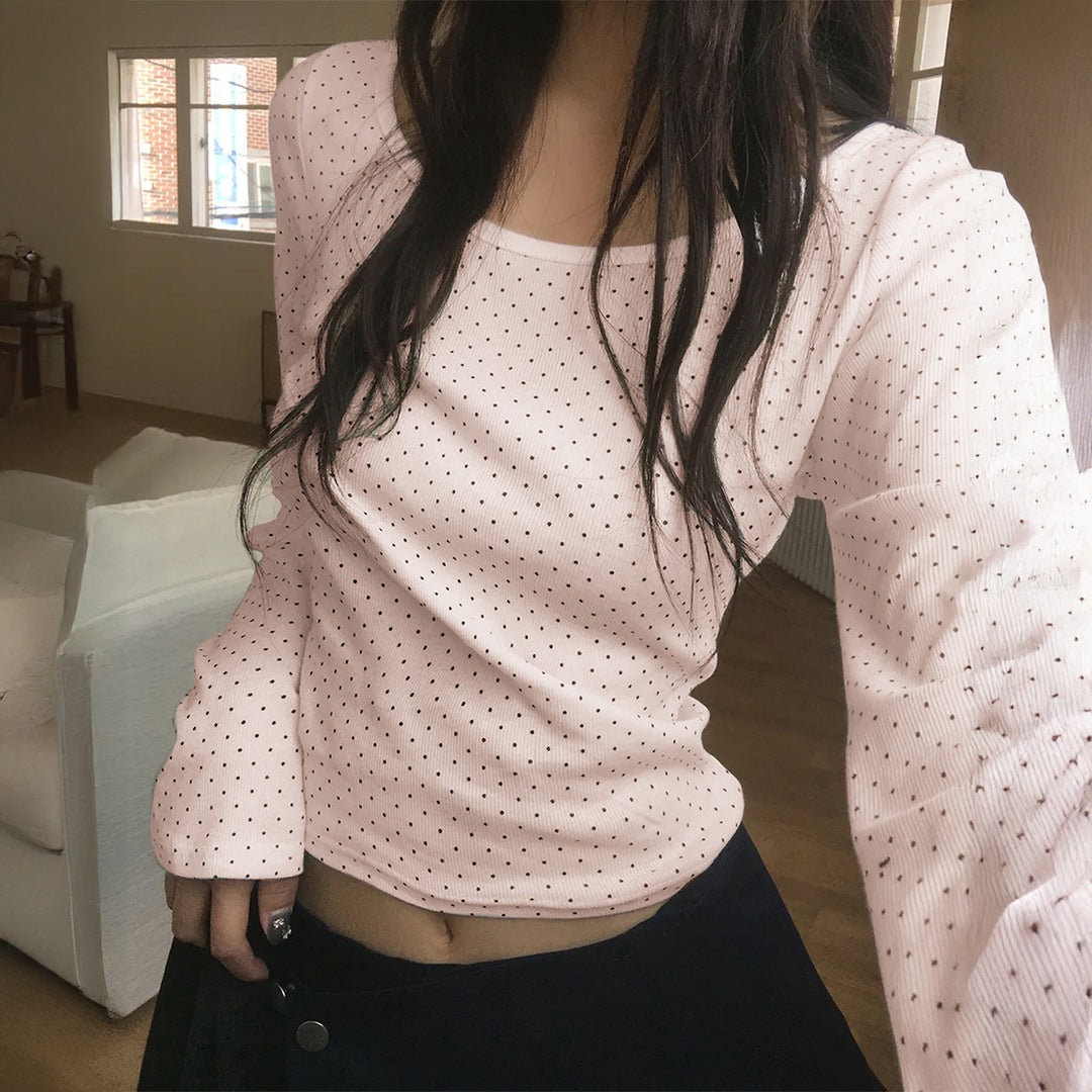 Damen nan geripptes Crop-Longsleeve mit feinem Pünktchenmuster und U-Ausschnitt EB