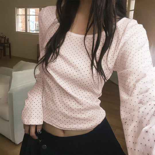 Damen nan geripptes Crop-Longsleeve mit feinem Pünktchenmuster und U-Ausschnitt EB