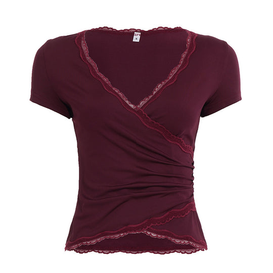 Damen Wickeloberteil mit Spitzenbesatz und Rüschendetails EB