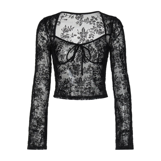 Damen Spitzenoberteil mit langen Ärmeln und Rüschendetail EB