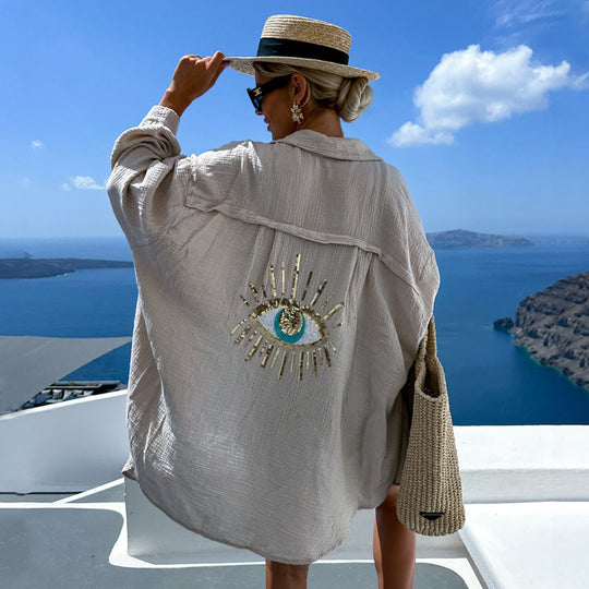 Damen luftige Strandbluse mit glänzendem Eye-Design EB