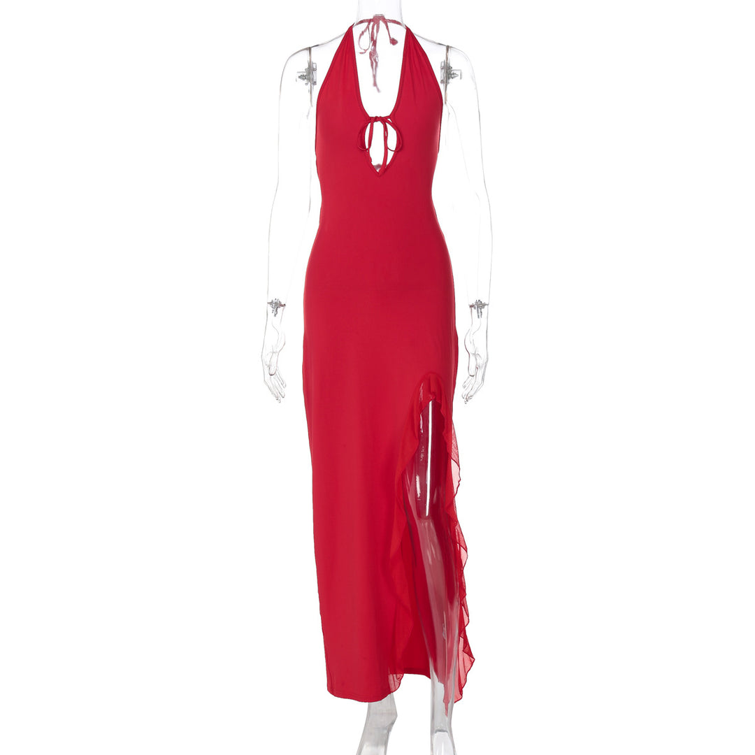 Damen elegantes Halterneck Maxikleid mit seitlichem Rüschen-Schlitz und tiefem V-Ausschnitt EB