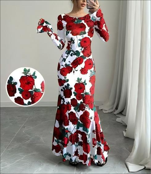 Damen nan eng anliegendes Maxikleid mit Meerjungfrauen-Schnitt, langen Glockenärmeln und Rüschensaum EB