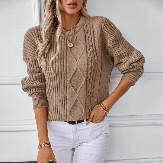 Damen modischer Strickpullover mit strukturierten Mustern und Rundhalsausschnitt EB
