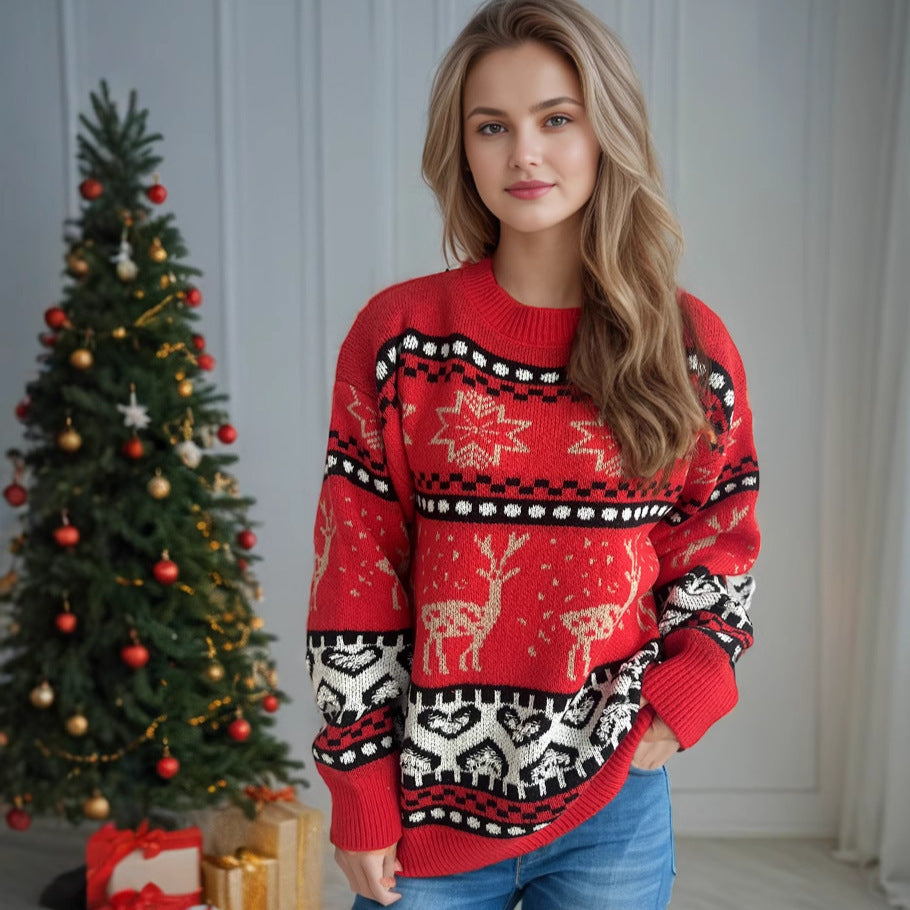 Damen festlicher Strickpullover mit weihnachtlichem Rentier-Motiv und detailreicher Musterung EB