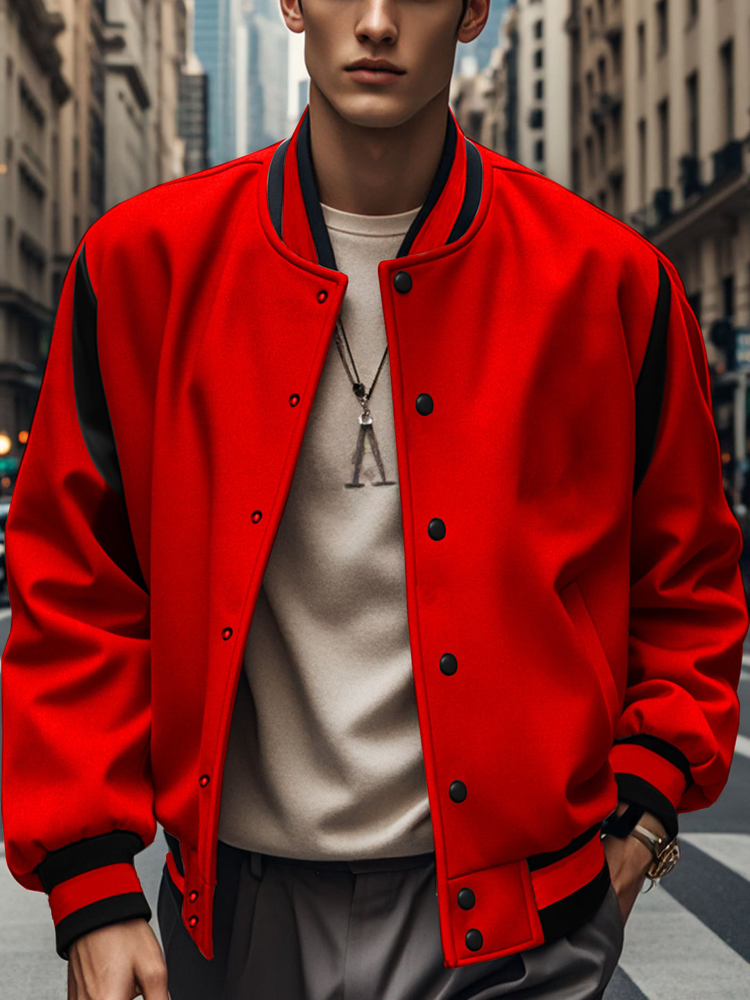 Herren nan leichte Collegejacke im Varsity-Look mit Druckknopfverschluss Rippbündchen und Kontrast-Schulterbesatz EB