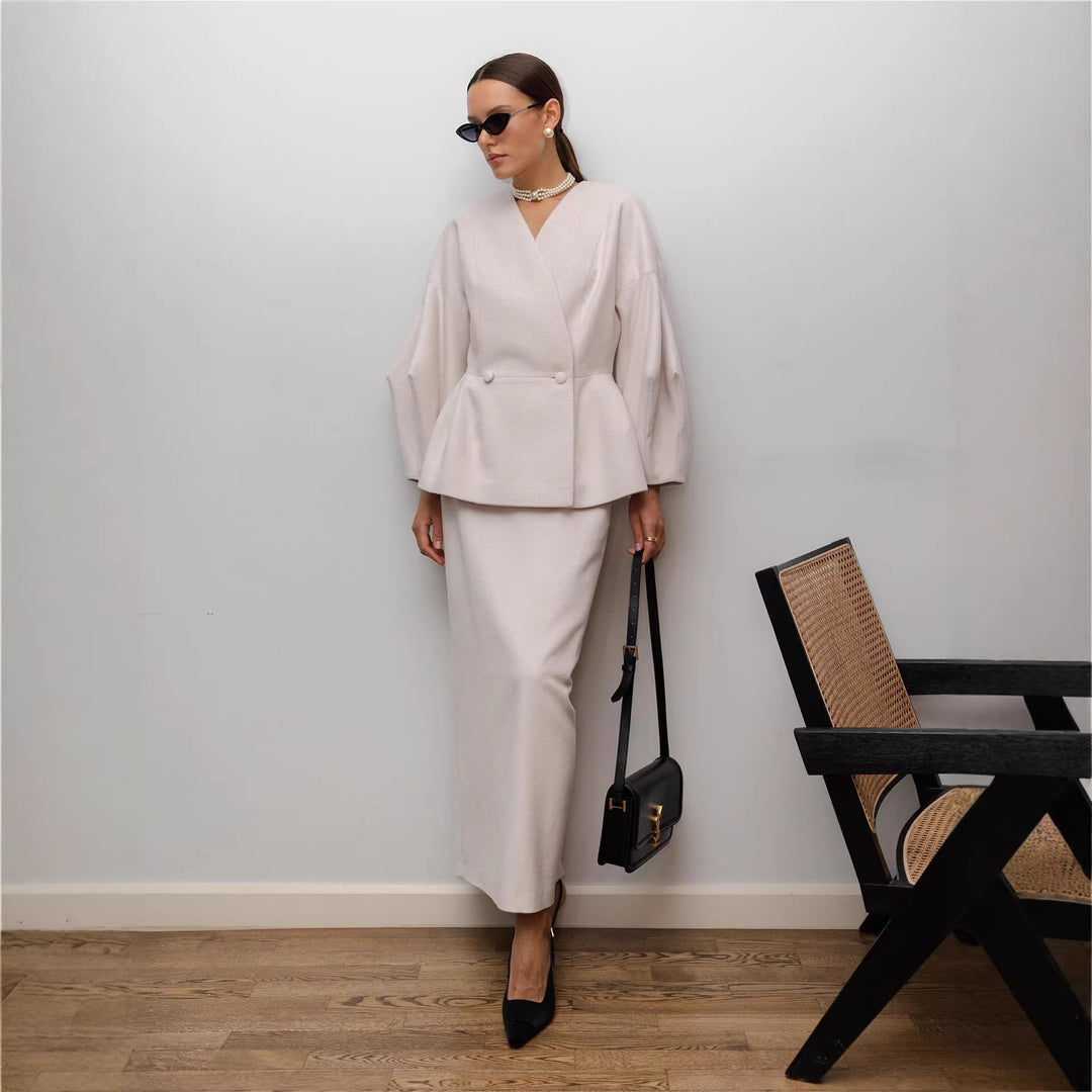 Damen Elegantes Bleistiftkleid mit schickem Blazer-Oberteil und Puffärmeln EB