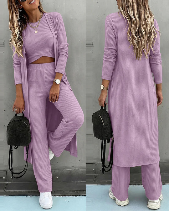 Damen Dreiteiliges Rippstrick-Loungewear-Set mit Longcardigan, bauchfreiem Top und weiter Palazzohose EB