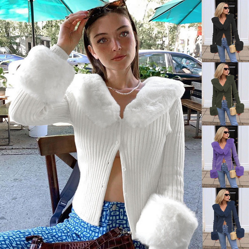 Damen Strickjacke mit luxuriösem Pelzkragen und modischen Puffärmeln EB