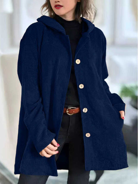 Damen Fleece-Hoodie-Mantel mit Knopfleiste und geripptem Design EB