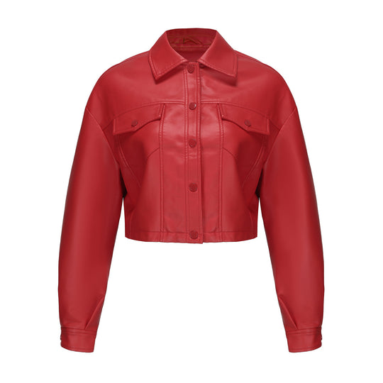 Damen nan kurze Oversized-Kunstlederjacke im Trucker-Stil mit Pattentaschen und verdeckter Druckknopfleiste EB