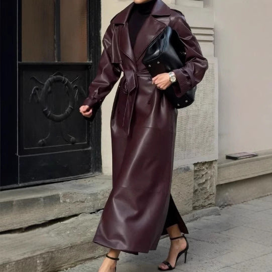 Damen Trenchcoat aus hochwertigem Kunstleder mit taillierbarem Gürtel EB
