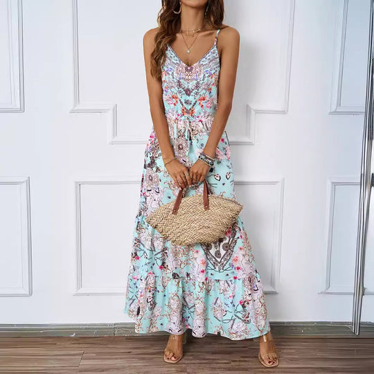 Damen Maxikleid mit luftigen Trägern und floralem Muster EB