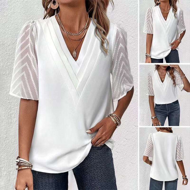 Damen Bluse mit transparenten Ärmeln und modernem V-Ausschnitt Heidi-Mode