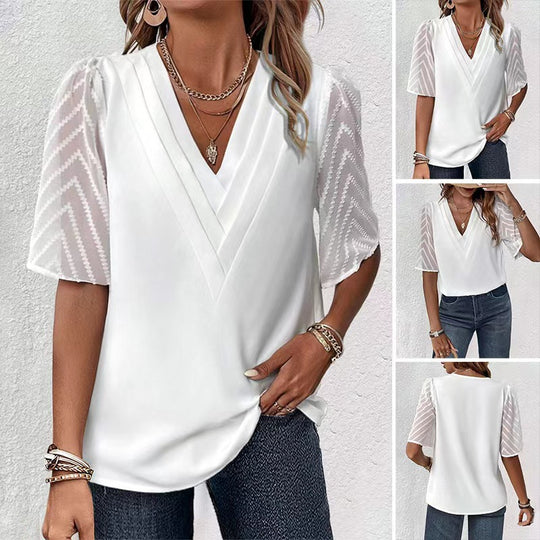 Damen nan elegantes Chiffon-Oberteil mit plissierter V-Passe und transparenten Zickzackärmeln EB
