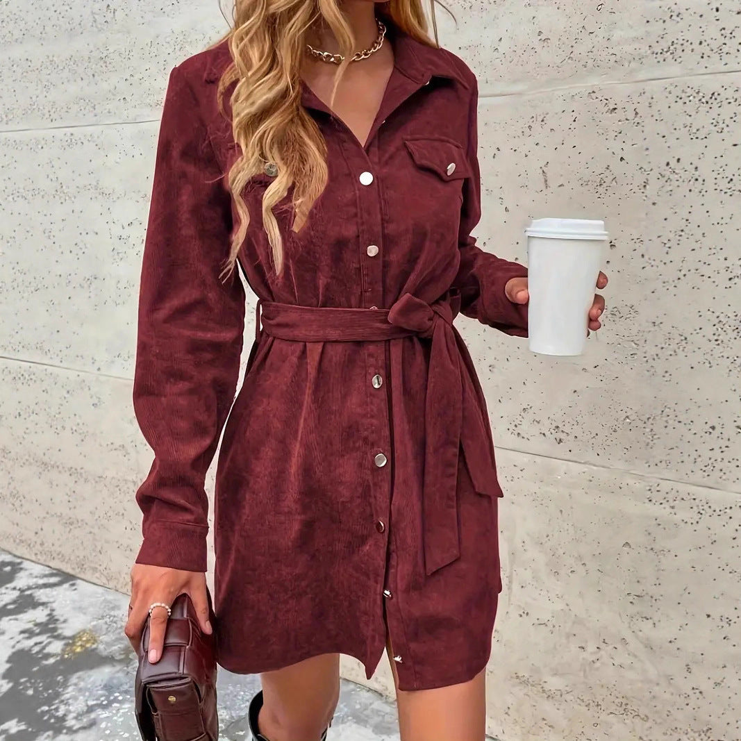 Damen Hemdblusenkleid mit Gürtel und Taschen EB