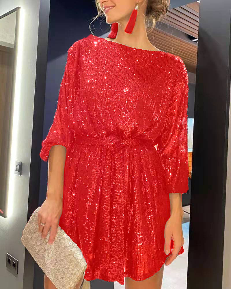 Damen Glamouröses Cocktailkleid mit funkelnden Lurex-Fäden und elastischem Taillengürtel EB