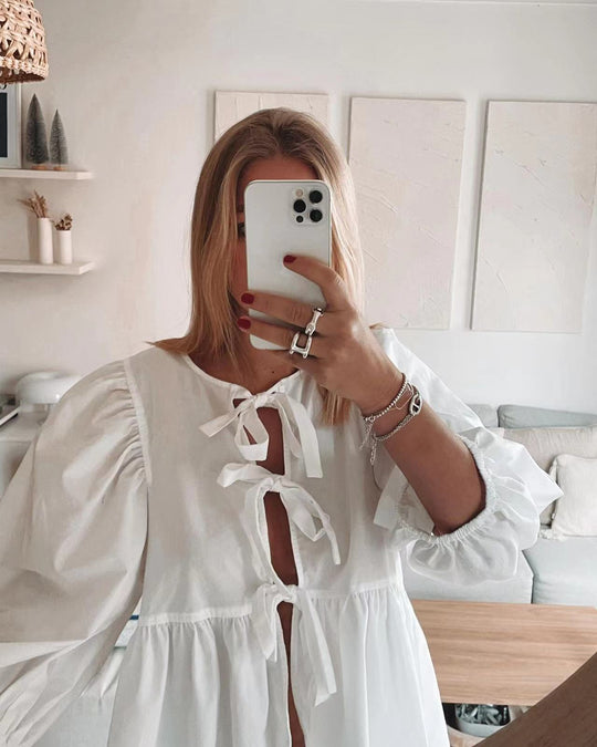 Damen Bluse mit Rüschen und Bindebändern EB
