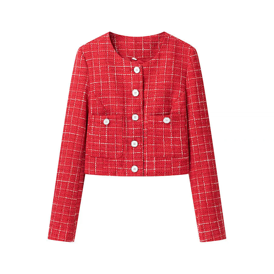 Damen Kurzjacke im klassischen Karomuster mit dekorativen Knöpfen EB