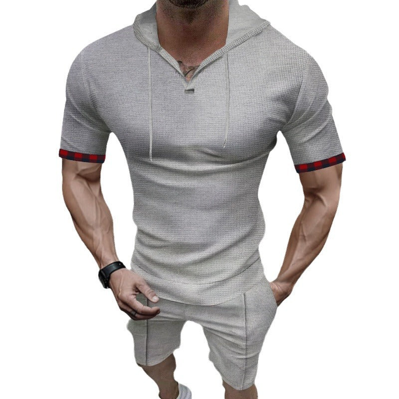 Herren sportliches Kurzarm-Hemden- und Shorts-Set mit Kapuze und kontrastierenden Ärmelabschlüssen EB