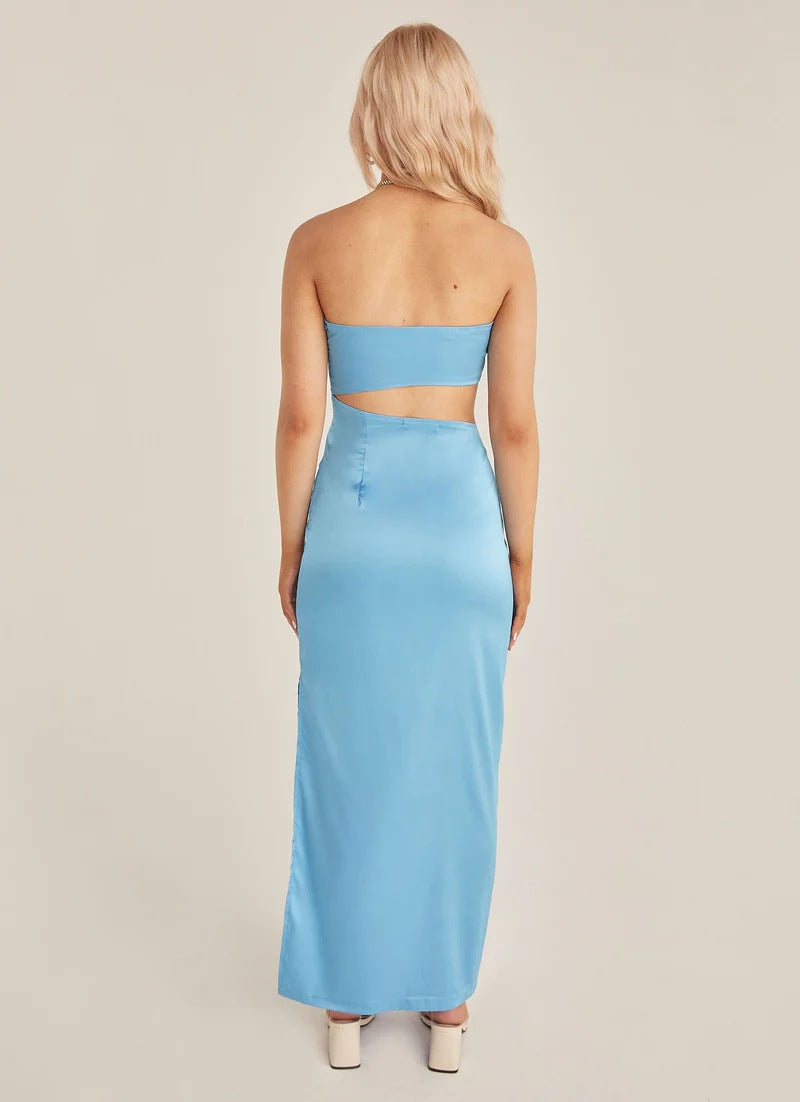 Damen asymmetrisches Maxikleid mit tiefem Rückenausschnitt und figurbetonter Silhouette EB