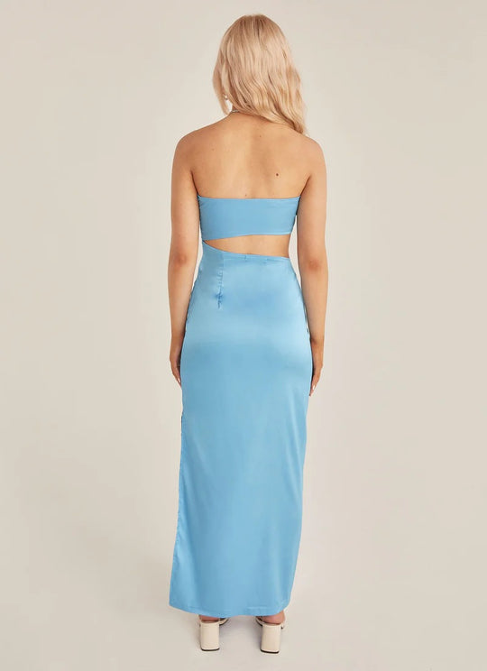 Damen asymmetrisches Maxikleid mit tiefem Rückenausschnitt und figurbetonter Silhouette EB