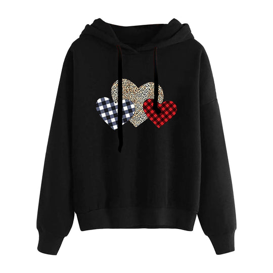 Damen nan lässiger Oversize Kapuzenpullover mit Herz‑und‑Pfotenprint, Kordelzug und gerippten Bündchen EB