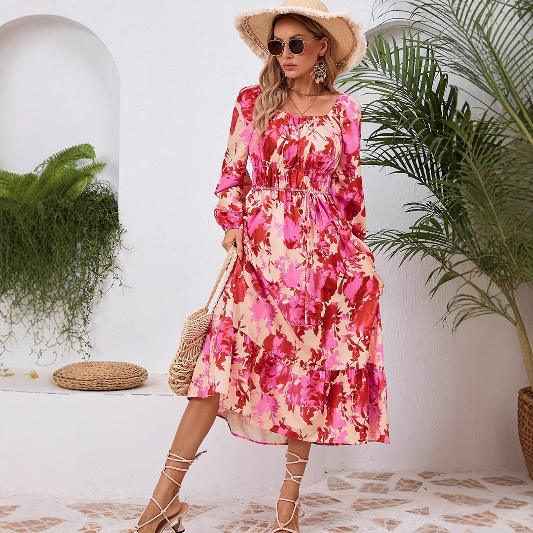 Damen Maxikleid mit floralem Design und elastischem Taillengürtel EB