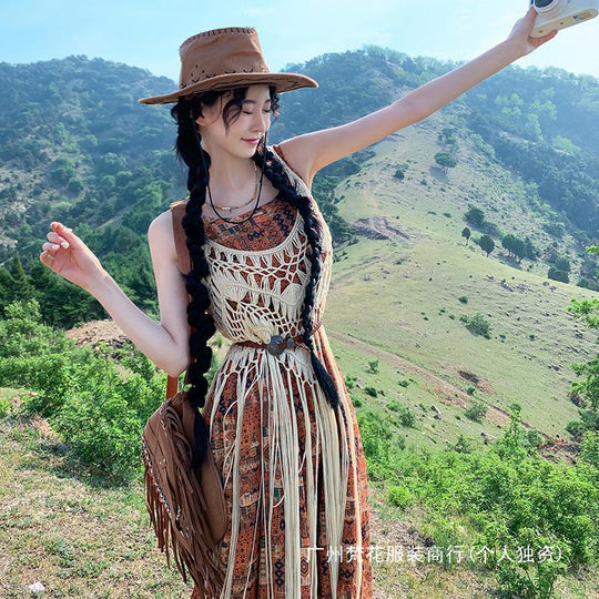Damen Boho Chic Maxi-Kleid mit Fransen und gehäkeltem Oberteil EB