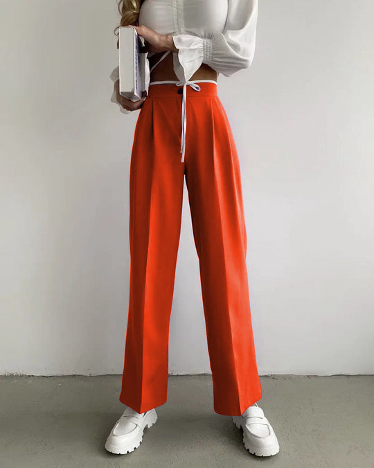 Damen weite klassische Hose mit hohem Bund und praktischen Bindegurten EB