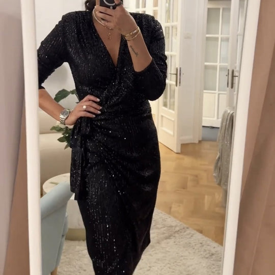 Damen Glamouröses Pailletten-Kleid mit Wickeloptik und langen Ärmeln EB