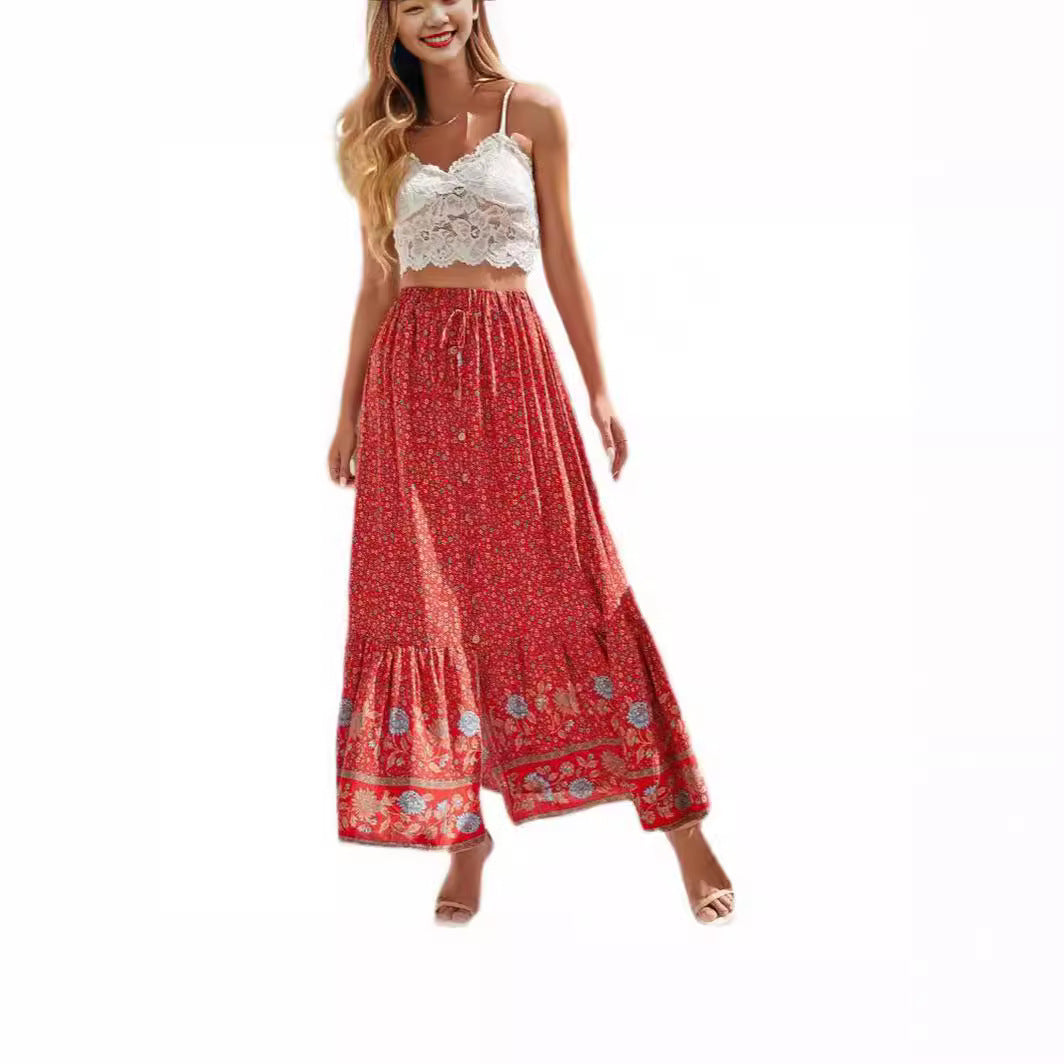 Damen Maxirock mit floralem Design und romantischem Volant EB