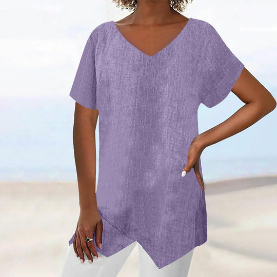 Damen lässige V-Ausschnitt Tunika mit asymmetrischem Saum EB