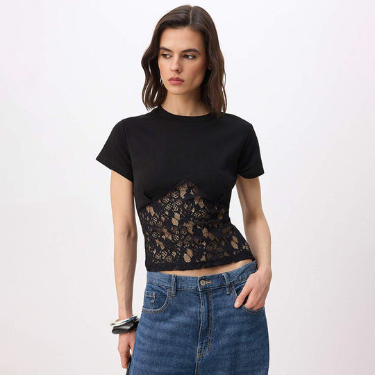 Damen Elegantes Oberteil aus Spitze und Jersey EB