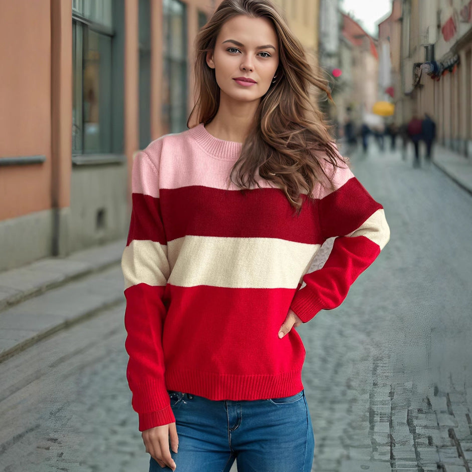 Damen lockerer Strickpullover mit buntem Streifenmuster EB