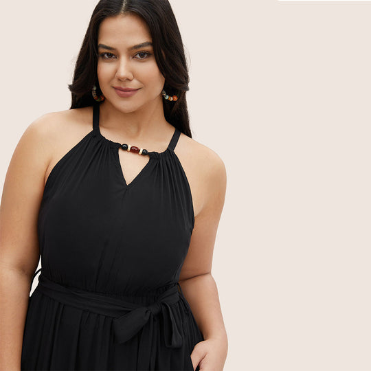 Damen Midikleid mit verstellbarem Träger und elastischem Taillengürtel EB