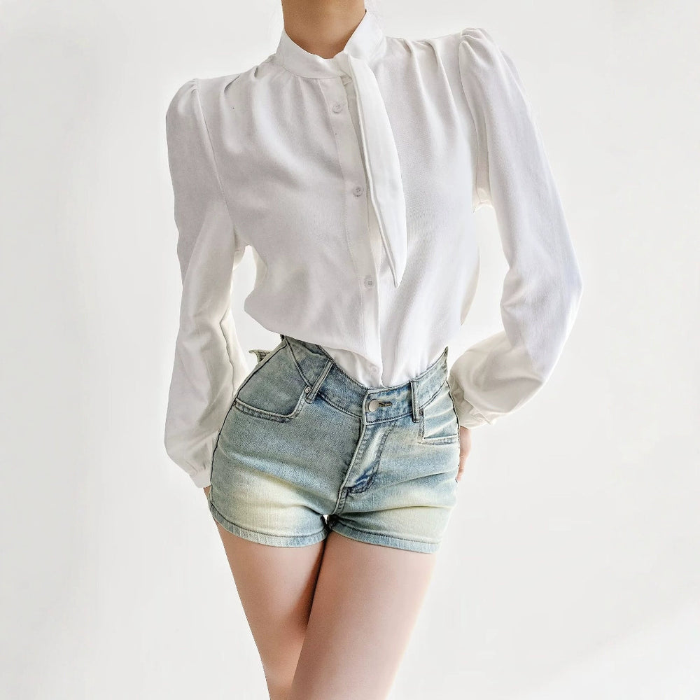 Damen Bluse mit Bindegurt und eleganten Puffärmeln EB