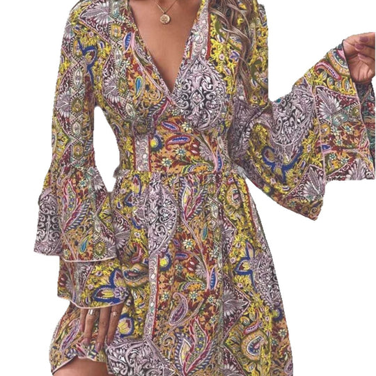 Damen V-Ausschnitt Kleid mit weiten Ärmeln und Paisleymuster EB