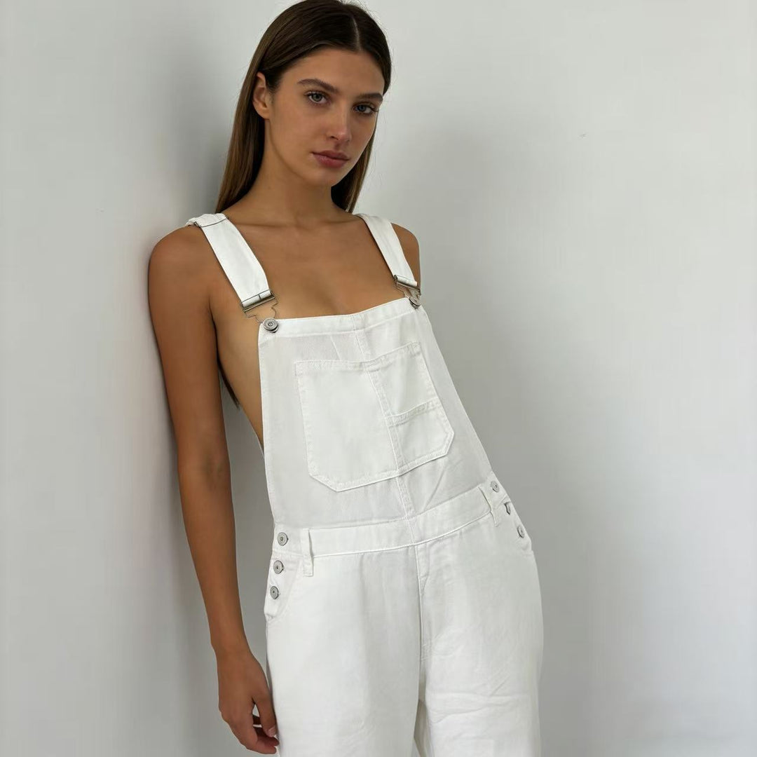 Damen nan weiche Denim-Latzhose mit weitem Bein, verstellbaren Trägern und Pattentasche EB