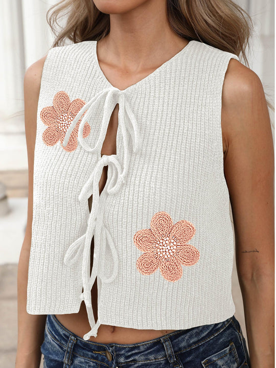 Damen kurzes Stricktop mit Blumenapplikationen EB