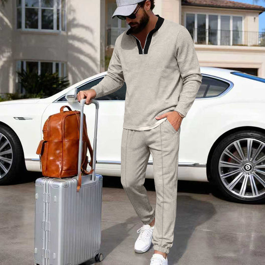 Herren Leichtes Henley-Loungewear-Set mit Kontrastkragen, Tunnelzug-Jogger und elastischen Bündchen EB